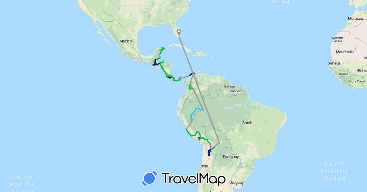 TravelMap itinerary: driving, bus, plane, train, hiking, boat in Bolivia, Belize, Colombia, Costa Rica, Guatemala, Honduras, Mexico, Nicaragua, Panama, Peru, United States (North America, South America)